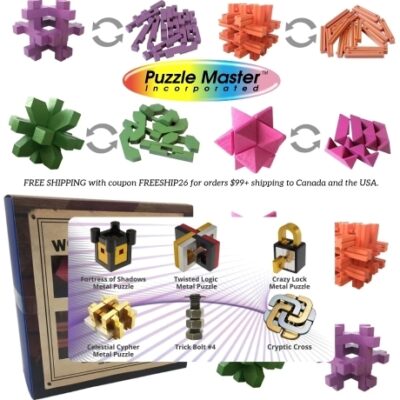 Puzzle  Master is a Canadian distributor of a large assortment of disentanglement puzzles, brain teasers, jigsaws, puzzle rings, trick locks, boomerangs, chess sets, etc. Their store was created because of the interest that the owner had shown while he was collecting wire puzzles.