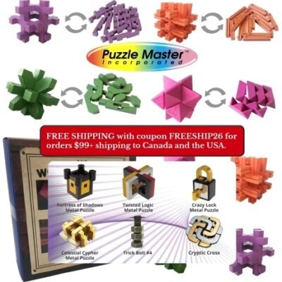Puzzle  Master is a Canadian distributor of a large assortment of disentanglement puzzles, brain teasers, jigsaws, puzzle rings, trick locks, boomerangs, chess sets, etc. Their store was created because of the interest that the owner had shown while he was collecting wire puzzles.