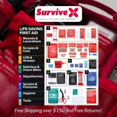 SurviveX is best known for its premium first aid kits, designed for your home, car, and outdoor use. These kits are compact yet comprehensive, featuring labeled compartments for quick access, zip stitch wound closures as a non-invasive alternative to stitches, and trauma supplies for severe bleeding