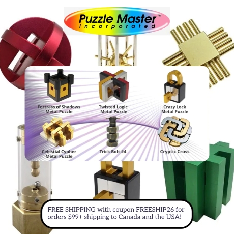 Puzzle Master is a Canadian distributor of a large assortment of disentanglement puzzles, brain teasers, jigsaws, puzzle rings, trick locks, boomerangs, chess sets, etc. Their store was created because of the interest that the owner had shown while he was collecting wire puzzles.