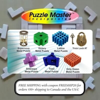 Puzzle  Master is a Canadian distributor of a large assortment of disentanglement puzzles, brain teasers, jigsaws, puzzle rings, trick locks, boomerangs, chess sets, etc. Their store was created because of the interest that the owner had shown while he was collecting wire puzzles.